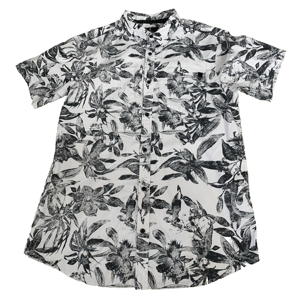 Jeans By Buffalo Shirt Mens Sz Large Black White Floral Short Sleeve Button Up